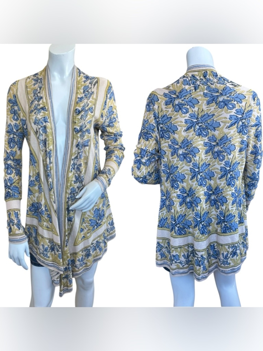 Anthropologie Guinevere Tan Green Blue Floral Linen Blend Cardigan Size Small